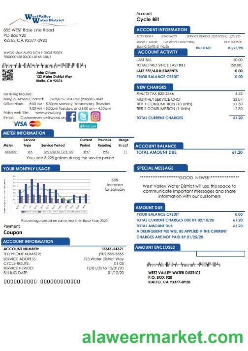 USA California West Valley Water District utility bill template in Word and PDF format